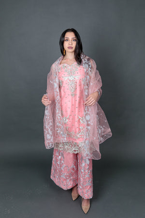 Fancy Silk Heavy Embroidered Light Baby Pink Sharara Suit