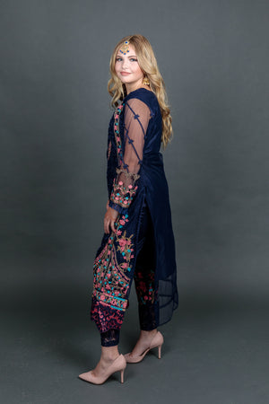 Fancy Heavy Embroidered Navy Blue With Ankle Pants Suit