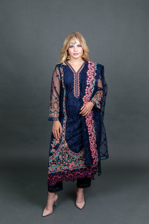 Fancy Heavy Embroidered Navy Blue With Ankle Pants Suit