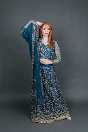 Silk Georgette Cobalt Blue Heavy Embroidered Lehenga Set