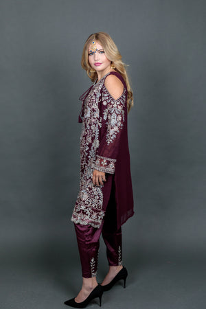 Fancy Heavy Embroidered Dark Cherry Red With Ankle Pants Suit