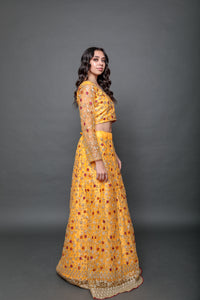 Silk Georgette Marigold Yellow Heavy Embroidered Lehenga Set