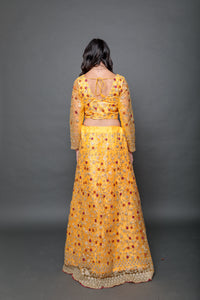 Silk Georgette Marigold Yellow Heavy Embroidered Lehenga Set