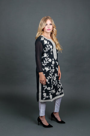 Fancy Embroidered Georgette Black With Ankle Pants Suit