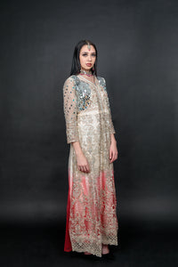 Silk Georgette Net Champagne With Watermelon Pink Heavy Embroidered Gown