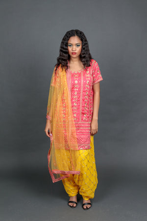 Fancy Silk Hot Pink Embroidered Patiala Suit