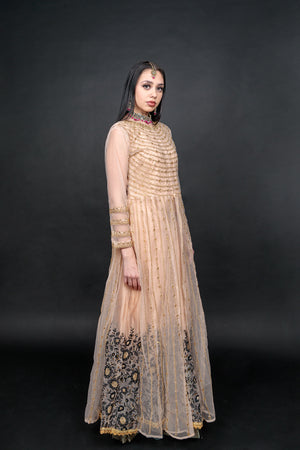 Silk Georgette Two Tone Light Peach With Grey Embroidered With Detachable Top Gown