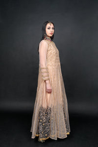Silk Georgette Two Tone Pastel Peach With Grey Embroidered With Detachable Top Gown
