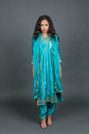 Fancy Embroidered Turquoise With Embroidered Churidaar Pants Suit