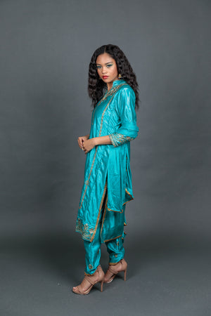 Fancy Embroidered Turquoise With Embroidered Churidaar Pants Suit