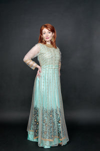 Silk Georgette Net Tiffany Blue Embroidered With Detachable Top Gown