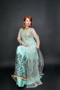 Silk Georgette Net Tiffany Blue Embroidered With Detachable Top Gown