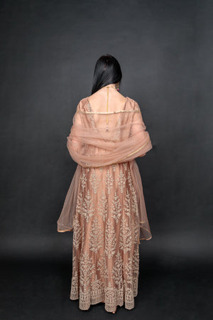 Silk Georgette Net Mustard Brown Embroidered Gown