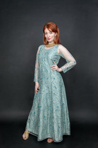 Silk Georgette Net Light Turquoise Blue Embroidered Gown