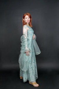 Silk Georgette Net Light Turquoise Blue Embroidered Gown