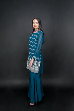 Fancy Embroidered Georgette Silk Cobalt Blue Sharara Suit