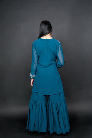 Fancy Embroidered Georgette Silk Cobalt Blue Sharara Suit