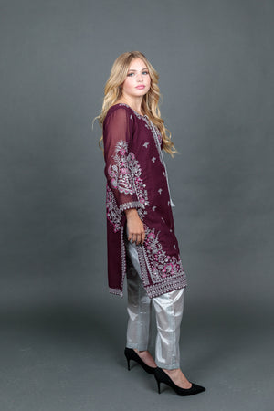 Fancy Embroidered Georgette Wine Color With Ankle Pants Suit