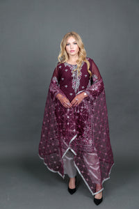 Fancy Embroidered Georgette Wine Color With Ankle Pants Suit