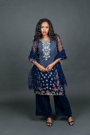 Fancy Heavy Embroidered Navy Blue Palazzo Suit