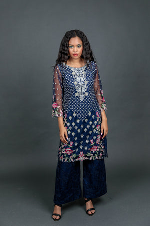 Fancy Heavy Embroidered Navy Blue Palazzo Suit