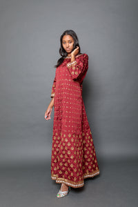 Silk Maroon Red Embroidered Gown