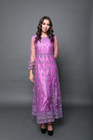 Silk Georgette Light Orchid Purple Embroidered Gown