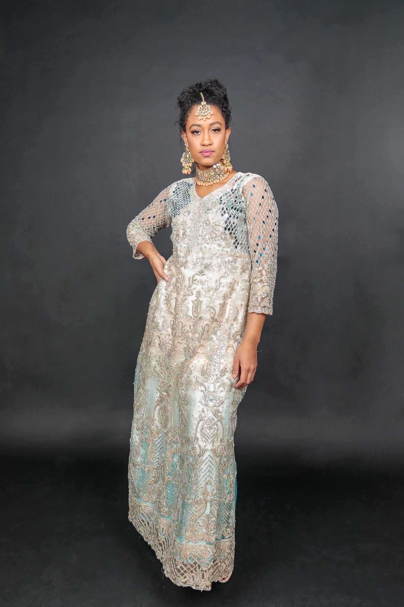 Bright Blue Heavy Work Embellished Long Flared Net Gown Dress – Chhabra 555