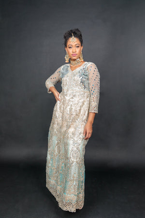 Beautiful Heavy sequence work Sky Blue colored Party wear Gown Floor touch  One Sided sleeves With Attached dupatta