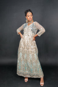 Silk Georgette Net Champagne With Sky Blue Heavy Embroidered Gown