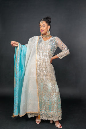 Silk Georgette Net Champagne With Sky Blue Heavy Embroidered Gown