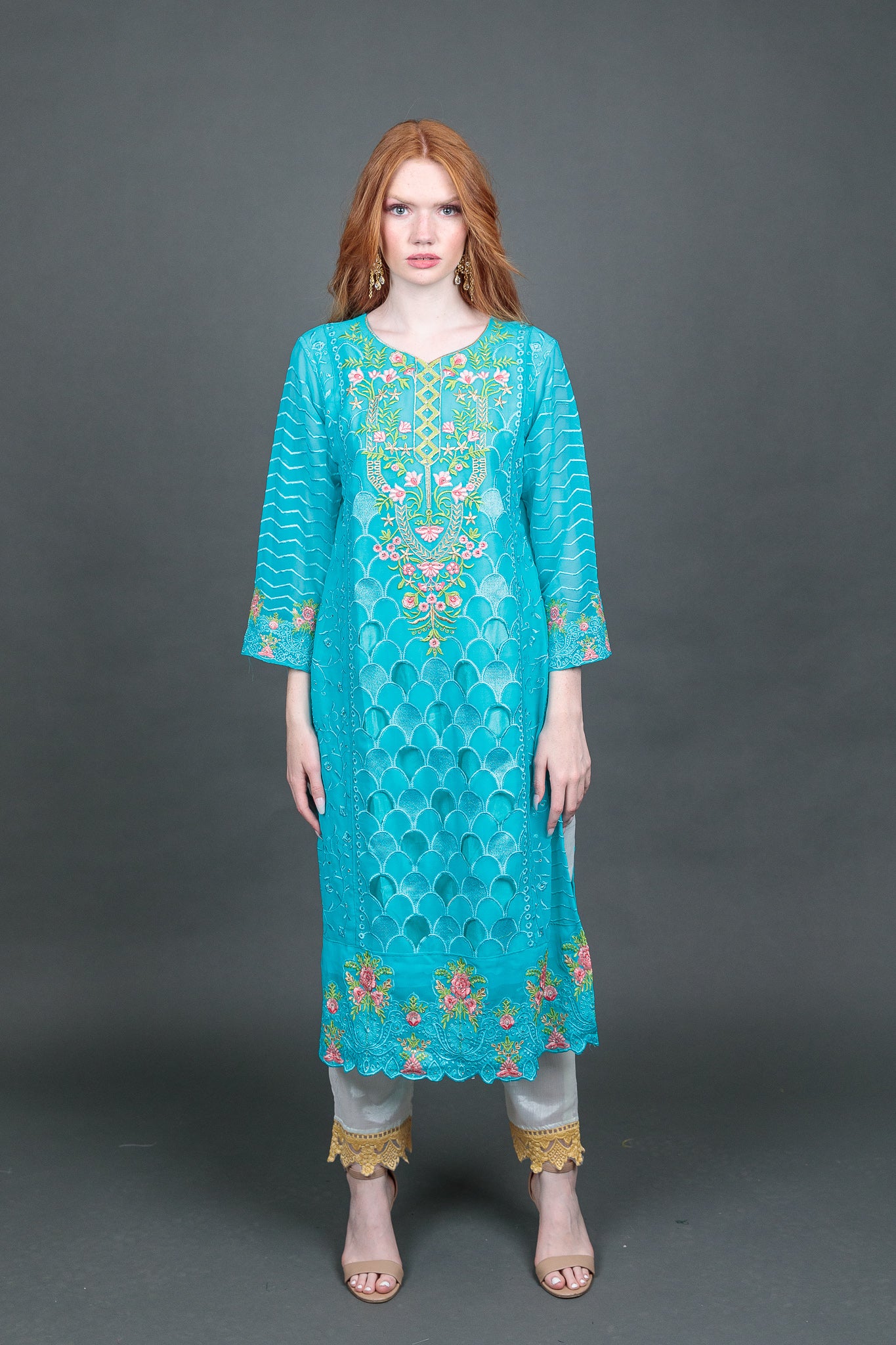 Fancy Embroidered Sky Blue With Ankle Pants Suit – Heritage India Fashions