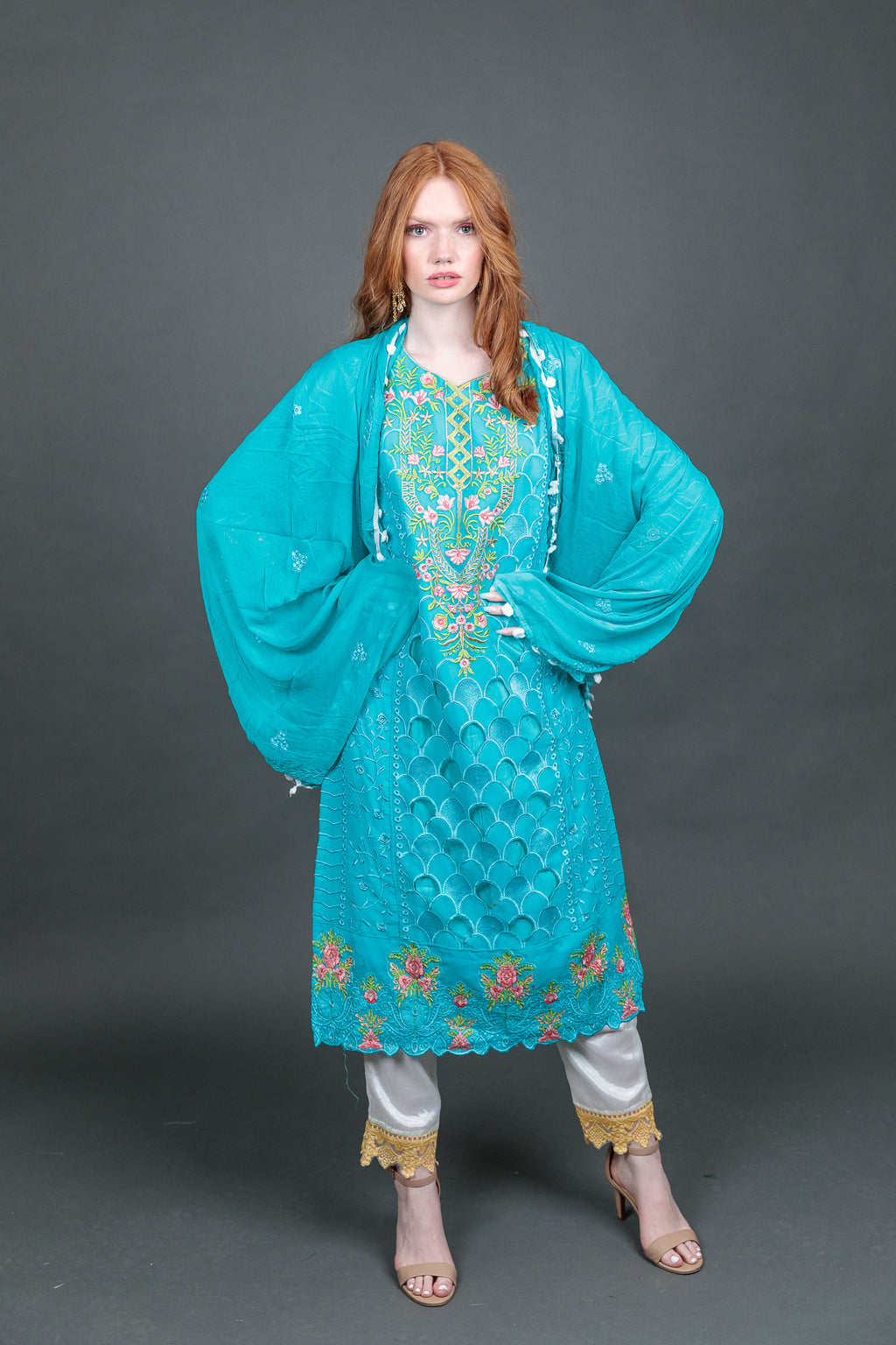 Fancy Embroidered Sky Blue With Ankle Pants Suit