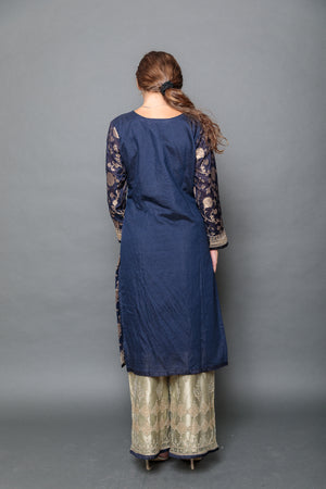 Fancy Banarasi Silk Embroidered Navy Blue With Palazzo Pants Suit