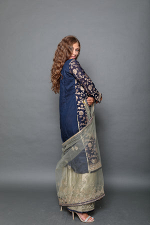Fancy Banarasi Silk Embroidered Navy Blue With Palazzo Pants Suit