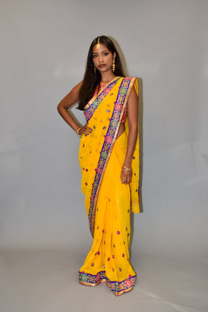 Embroidered Georgette Cyber Yellow saree