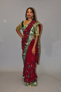 Silk Georgette Heavy Embroidered Garnet Red Saree