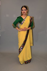 Silk Georgette Pineapple Yellow Embroidered Saree