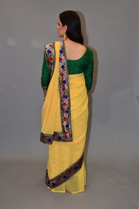 Silk Georgette Pineapple Yellow Embroidered Saree