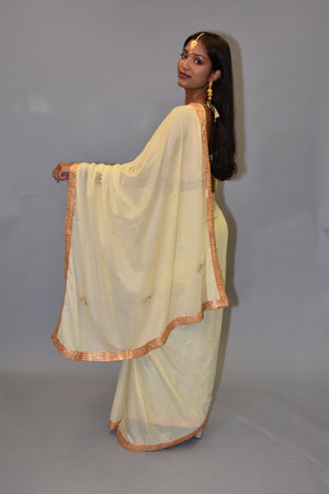 Silk Embossed Georgette Cream White With Antique Gold Embroidered Border