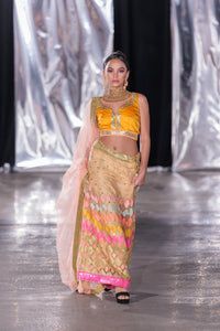 Silk Embroidered Latte Gold With Fire Yellow And Multicolor Lehenga Set