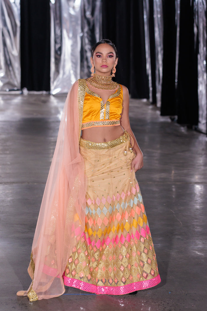 Silk Embroidered Latte Gold With Fire Yellow And Multicolor Lehenga Set