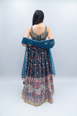 Silk Zari Embroidered Peacock Blue Bandhani Style Lehenga Set
