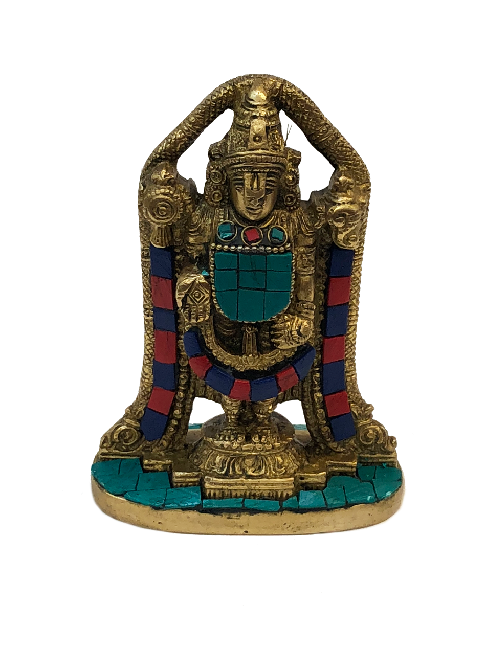 Brass Balaji Turquoise and Coral Mosaic Statue