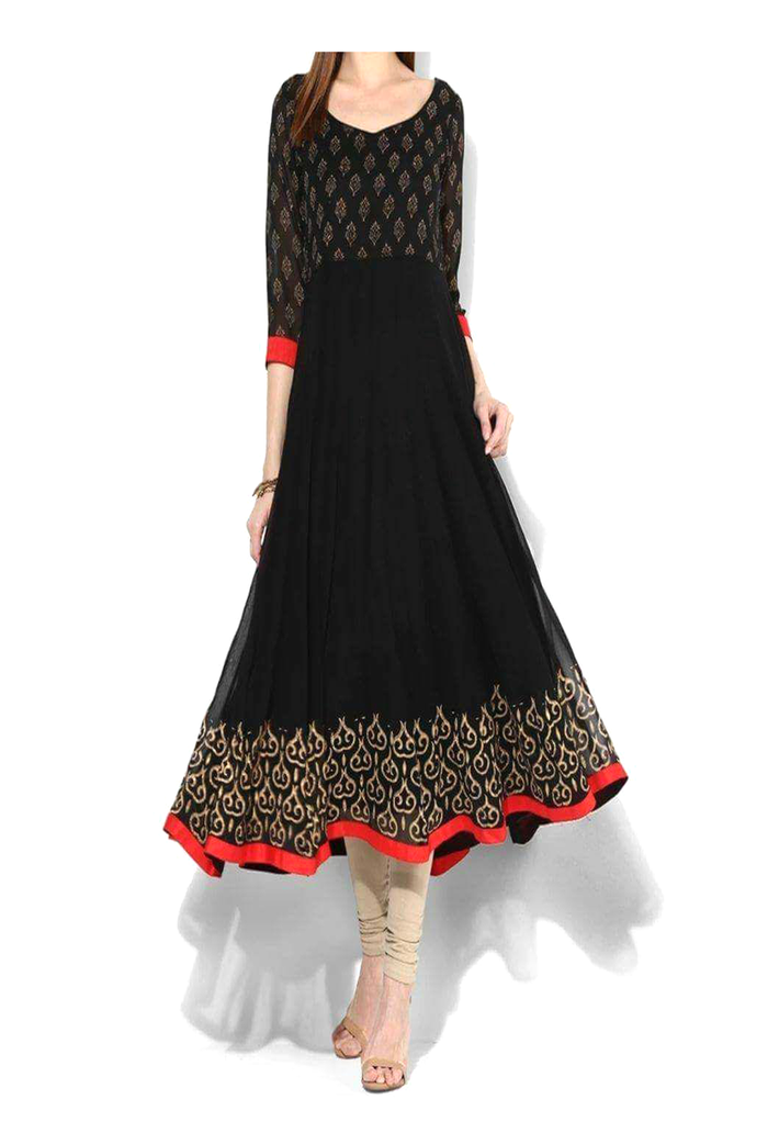 Block Print Georgette Black Gown With Red Trim