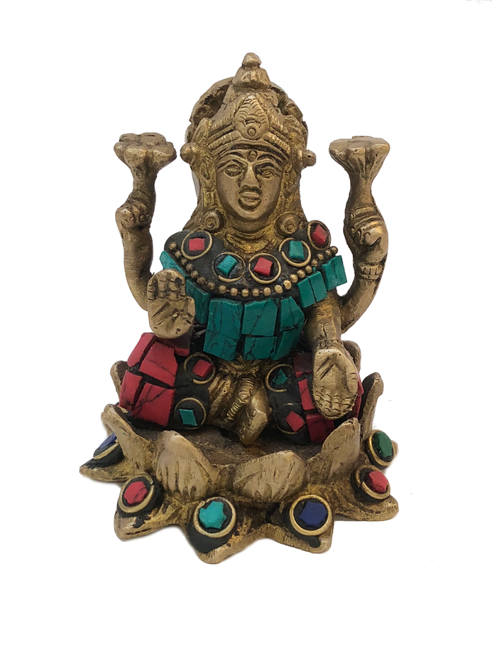 Brass Laxmi Turquoise And Coral Mosaic Statue