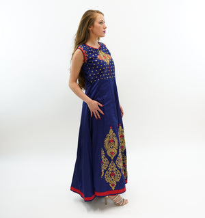 Silk Midnight Blue Embroidered Gown With Red Trim