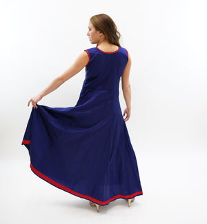 Silk Midnight Blue Embroidered Gown With Red Trim
