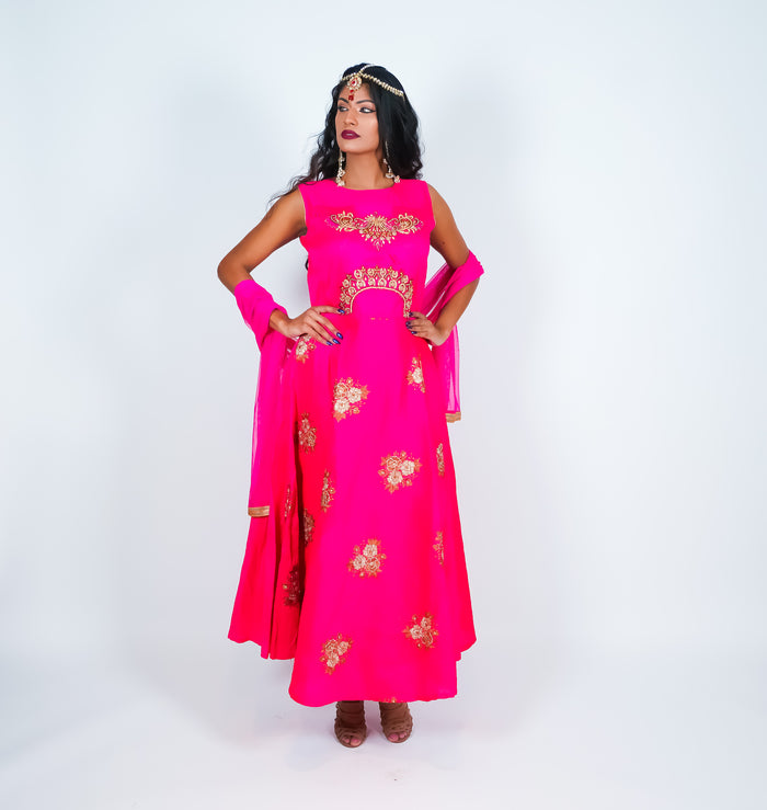 Silk Fuchsia Embroidered Gown