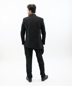 Silk Black Asymmetric Bandhgala  Sherwani / Jacket